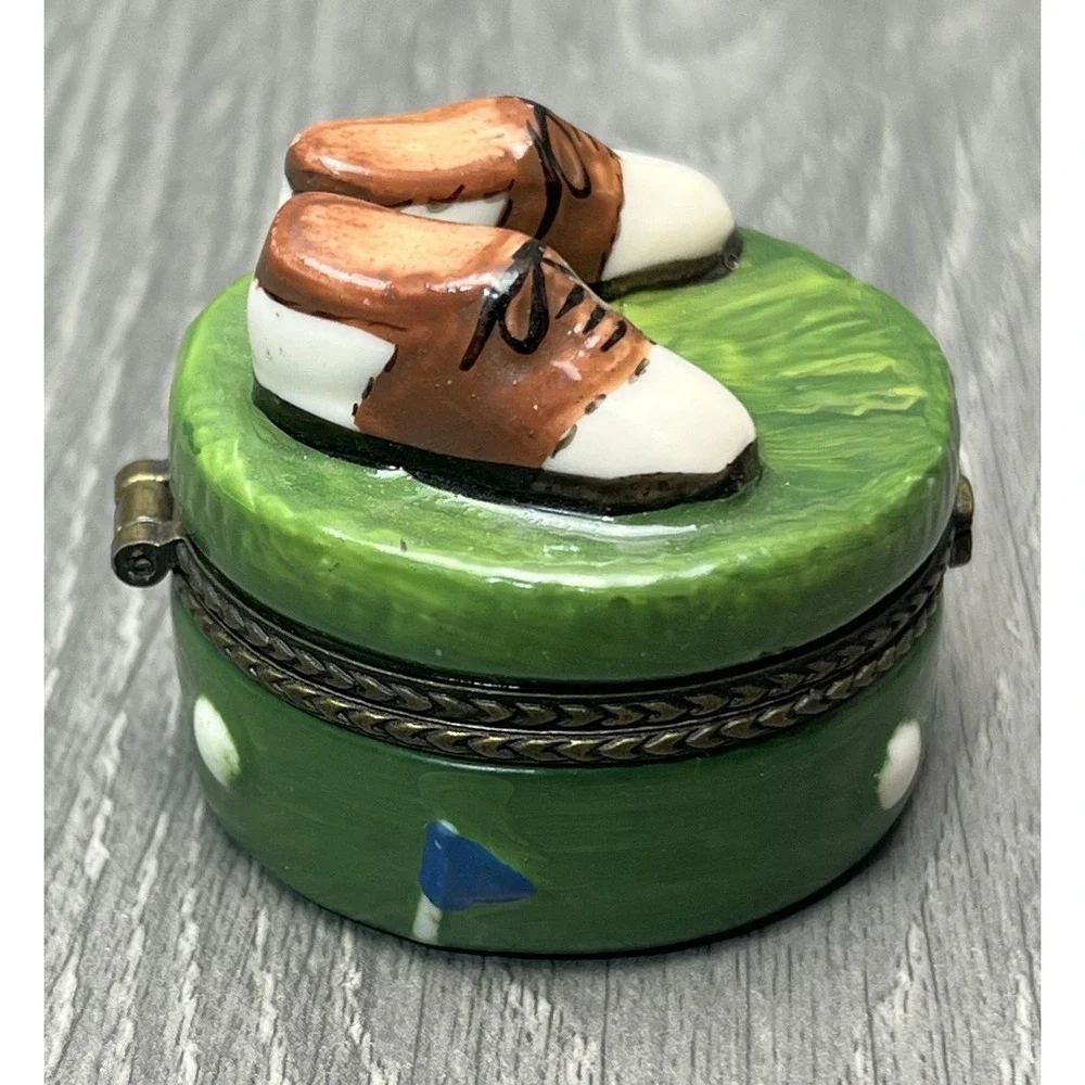 Vintage Golf Shoes on Green Collectible Trinket Box Hinged Ceramic Decorative